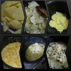 several pictures of potatoes being cooked in a blender