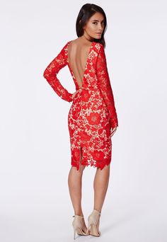 Veronica Open Back Lace Midi Dress In Red. Missguided. Women Dress Online, Patterned Midi Dress, Short Lace Dress, Red Lace Dress, Lace Bodycon, Lace Midi, Lace Midi Dress, Cheap Dresses, Long Sleeve Lace