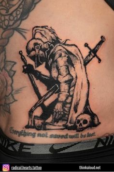 Some knights are driven by a savior spirit, compelled to protect the weaker and defend their homeland. With courage in their hearts, they charge into battle, motivated by a deep sense of duty and loyalty. This knight tattoo depicts a defeated warrior with a sword pierced through his noble heart. Despite this, he remains victorious, a testament to his brave and resilient character that endured through it all. The Knight Tattoo, Noble Tattoo Ideas, Knight Kneeling Tattoo, Mid Evil Tattoos For Men, Small Knight Tattoo, Unlucky Tattoo Ideas, Mongol Warrior Tattoo, Heraldic Tattoo, Crusade Tattoo