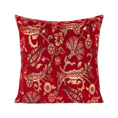 a red pillow with an ornate design on it's back and the front is made out of velvet