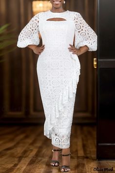 Olivia Mark - Chic O Neck Long Sleeve Dress with Elegant Hollowed Out Detail and Sheer Fabric White Lace Dress Long, Dresses Elegant Long, Sheer Long Sleeve Dress, African Print Dress Ankara, Lace Outfit, Long Sleeve Dresses, African Print Dress, Home Dress, Sleeve Dresses