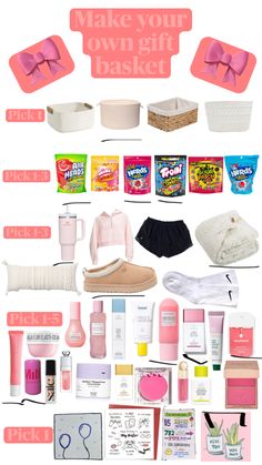 the contents of a woman's gift basket are shown in pink, white and blue