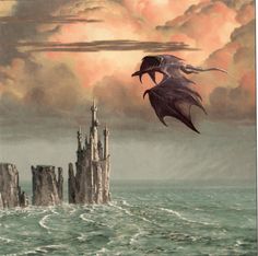 a painting of a dragon flying over a castle in the ocean with clouds above it