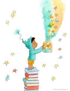 a child on top of a stack of books holding a jar with stars in it