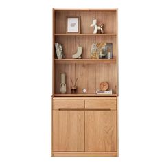 a wooden book shelf with books and other items on it's shelves, against a white background