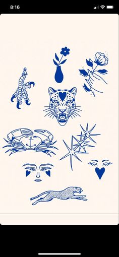 an image of blue ink on white paper with animals and flowers in the background,