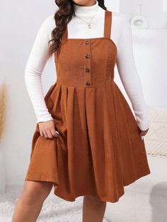 Plus Button Front Overall Dress Without Tee Brown Casual  Sleeveless Fabric Plain Pinafore Non-Stretch  Women Plus Clothing, size features are:Bust: ,Length: ,Sleeve Length: Suspenders For Women, Suspender Dress, Pinafore Dress, Plus Size Kleidung, Vestido Casual, Overall Dress, Jumper Dress, Plus Size Casual, Plus Clothing