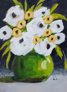 a painting of white and yellow flowers in a green vase on a black background,