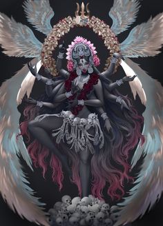 a woman with wings and flowers on her body in front of a black background, surrounded by skulls