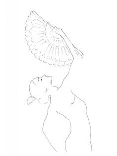 a line drawing of a woman holding a parasol in her hand and looking up at the sky