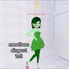 an animated image of a woman in a green dress and high heels with the caption, emotions disgust 1st