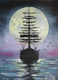 a painting of a ship in the ocean under a full moon