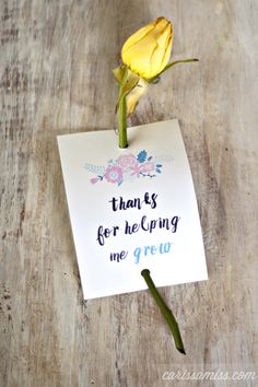 a yellow rose sitting on top of a piece of paper that says, thank us for helping me grow