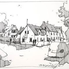 an ink drawing of houses in the countryside