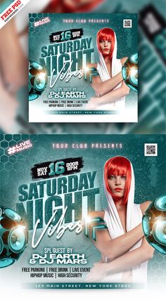 a flyer for a night club with an image of a woman in white and red hair