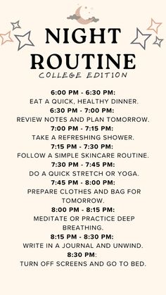 Streamline your college experience with a structured night routine! 🌼 A consistent nightly ritual helps you balance studying, relaxation, and preparation for the next day. 💫 Improve your sleep, reduce stress, and set yourself up for academic success with an effective night routine. 🌸✨ How To Create A Night Routine, Student Night Routine, Middle School Night Routine, Reset Night Routine, Study Day Routine, Night Study Routine, Night Routine List, College Night Routine, College Routine