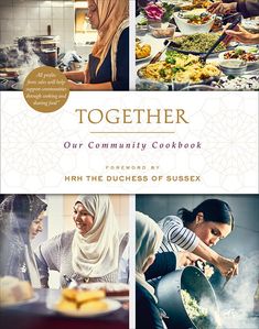 the cover of together our community cookbook is shown in four different pictures, including two women preparing food