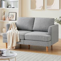 a gray couch sitting on top of a hard wood floor next to a white rug