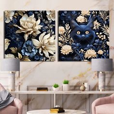 two paintings on a wall with flowers and a cat in the middle one is blue