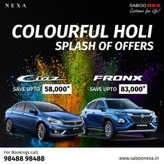 two cars are shown with colorful holi splashes on the side and below them