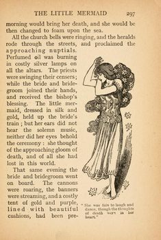 an old book page with a drawing of a woman in a dress and flowers on her head