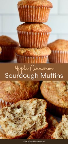 some muffins stacked on top of each other with the words apple cinnamon sourdough muffins