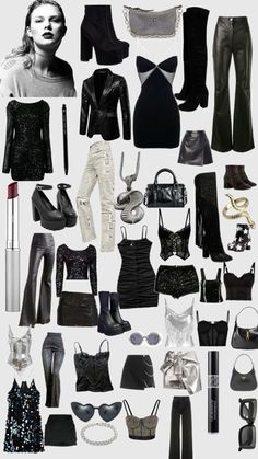 a bunch of clothes and accessories are arranged in the shape of a collage on a white background