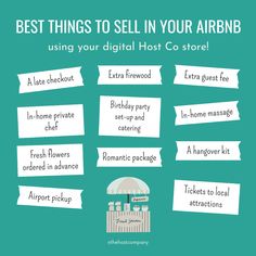 Looking to sell items and services to your Airbnb guests? Here's what the most successful hosts sell in their Host Co store. Late checkouts, extra firewood, extra guest fee, in-home private chef, birthday party set-up and catering, in-home massage, fresh flowers ordered in advance, romantic package, a hangover kit, airport pickup, and tickets to local attractions. Airbnb Extra Services, Airbnb Co Hosting, Airbnb Business Plan, Airbnb List, Renting Tips, Airbnb Host Tips, Family Vision Board, Airbnb Cabin, Family Vision