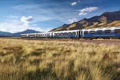 a blue and white train traveling down tracks next to tall grass in the middle of mountains