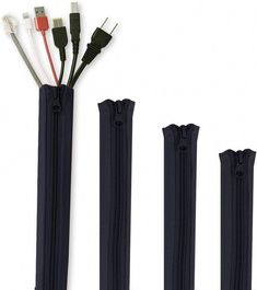 four zippers with wires attached to them on a white background, one is black and the other two are dark blue