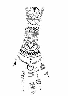 a black and white drawing of a woman's dress with feathers, beads and other decorations