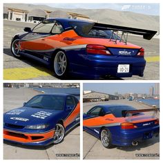 three different pictures of a car with orange and blue stripes on the hood, side by side