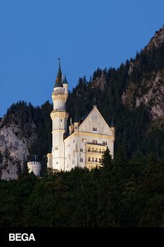 a castle on top of a hill with trees in the foreground and mountains in the background