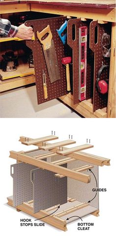 two pictures showing the different parts of a workbench and how to use them