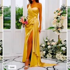 two pictures of a woman in a yellow dress and one is wearing a gold gown