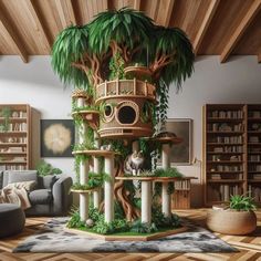 a cat tree house in the middle of a living room with lots of greenery