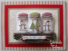 a christmas card with three snowmen in mason jars