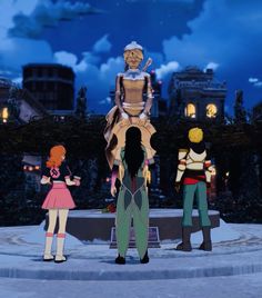 the animated characters are standing in front of a statue