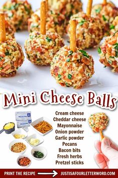 an advertisement for mini cheese balls on a plate