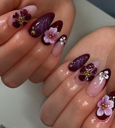 Materials: gel nail, long stiletto tips Greetings and welcome to my store. Hope you find a style you like. ✋🙆I only work with high-quality materials to create sturdy & long-lasting luxury press on nails that you can trust on. My nails will last for:1- 2 days using adhesive tab (provided with the nail set) 2- 3 weeks using nail glue. You can reuse all of the nails multiple times if you take care of them. Follow the instructions provided with the nail set. 💮Please follow the instruction size mea French Tip Nail With Flower, Oval Acrylic Nails Designs Fall, Red Dark Nails Design, Flower Bouquet Nails, Berry Almond Nails, Medium Acrylic Nail Designs, Flower Nails Fall, Black Builder Gel Nails, Tropical Holiday Nails