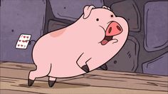 a cartoon pig standing on top of a wooden table