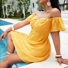 Shein Lovely Off The Shoulder Yellow Dress - Never Worn Casual Yellow Off-shoulder Dress, Casual Yellow Off-shoulder Mini Dress, Summer Casual Dress, Yellow Sundress, Dresses Shein, Shein Dress, 2024 Wedding, Shein Dresses, Sun Dress