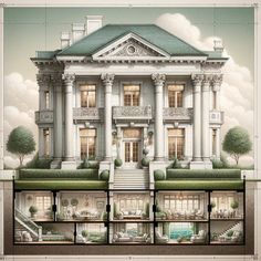 an architectural drawing of a large white house with many windows and balconies on the second floor