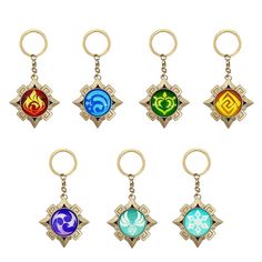 six different colored key chains with symbols on them