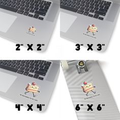 four different pictures of a laptop with stickers on it