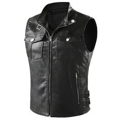 PRICES MAY VARY. Material: High quality faux leather, durable and flexible; Lining: polyester, lightweight and comfortable. Feature: NAVEKULL faux leather vest provides the best experiences for motorcycle riders or bike club members. The vest has a back panel to sew a motorcycle club patch with ease; vintage collar strap with a metal button for fashion and trendy. Design: Durable front metal zipper closure; classic tailor cut provides excellent back protection; two hook and loop straps with a me Leather Vests, Vest Plus Size, Leather Waistcoat, Faux Leather Vest, Motorcycle Vest, Biker Vest, Vests Mens, Sleeveless Jacket, Vest Fashion