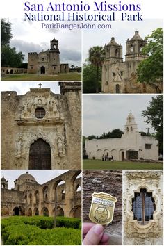 the san antonio mission national historical park is featured in this collage with images of historic buildings