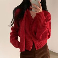 YesStyle rewards code: OLIVIASOJO | afilliate code, links | Red Set: V-Neck Button-Up Cardigan + Scarf Red Knit Cardigan, Xmas Outfits, Autumn Knitwear, Winter Wardrobe Essentials, Women Sweaters Winter, Red Cardigan, French Chic, Long Sleeve Knit Sweaters