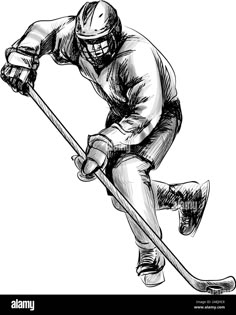 an ink drawing of a hockey player skating on the ice with his stick - stock image