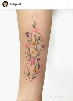 a woman's thigh with flowers and butterflies on her leg, as if it were painted in watercolor